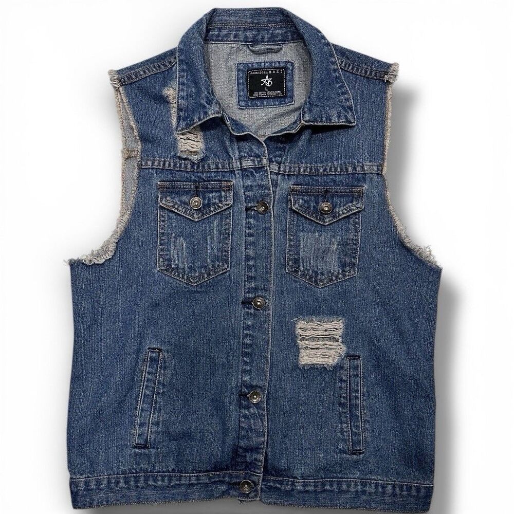 American Bazi Distressed Denim Vest Medium Wash Jean Jacket Women’s Sz. LG
